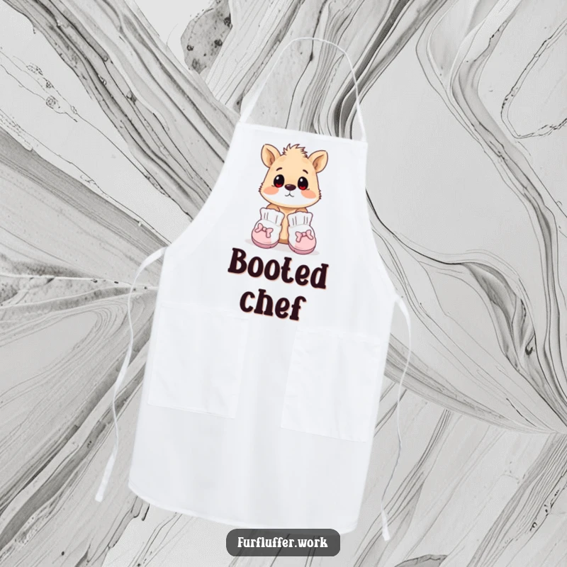 Funny apron depicting an animal wearing tiny, oversized grooming booties, looking surprised, ideal for adding humorous pet fashion to tasks.