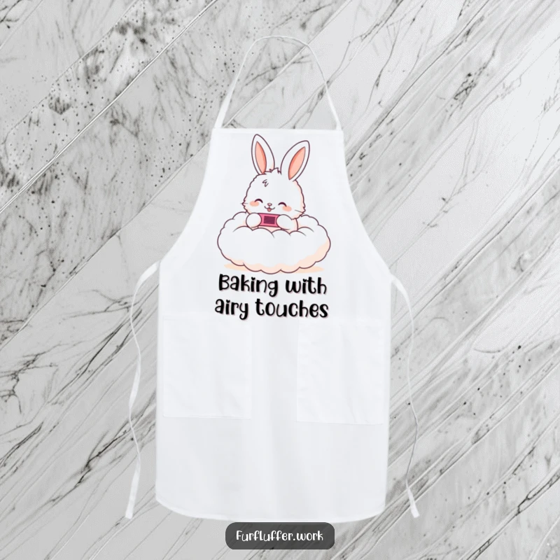 Funny apron showing a fluffy bunny happily combing a cloud with a tiny comb, perfect for adding whimsical charm to kitchen duties.