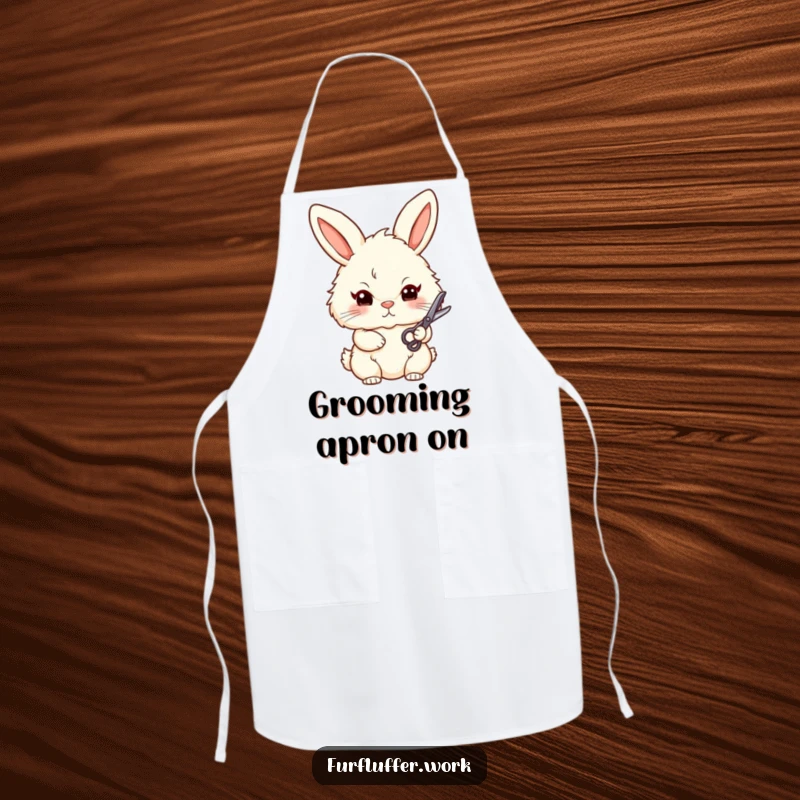 Funny apron showing a stylized, fluffy bunny with a determined look, holding small grooming scissors, ready to tackle kitchen tasks with style.