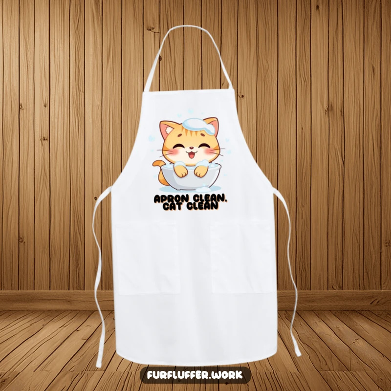 Funny apron featuring a happy cat character blissfully enjoying a bubbly bath, radiating contentment and cleanliness in the kitchen.