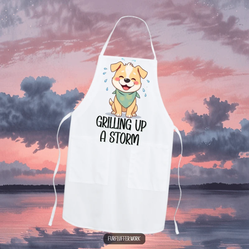 Funny apron showing a cheerful dog with a bandana, playfully shaking water off its fur, perfect for adding humor to kitchen tasks.