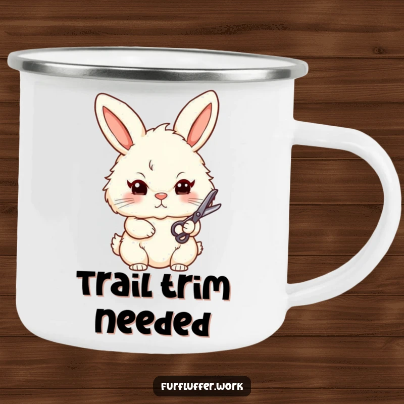 Funny camping mug featuring a stylized, fluffy bunny with a determined expression, holding small grooming scissors, ready for any outdoor styling.