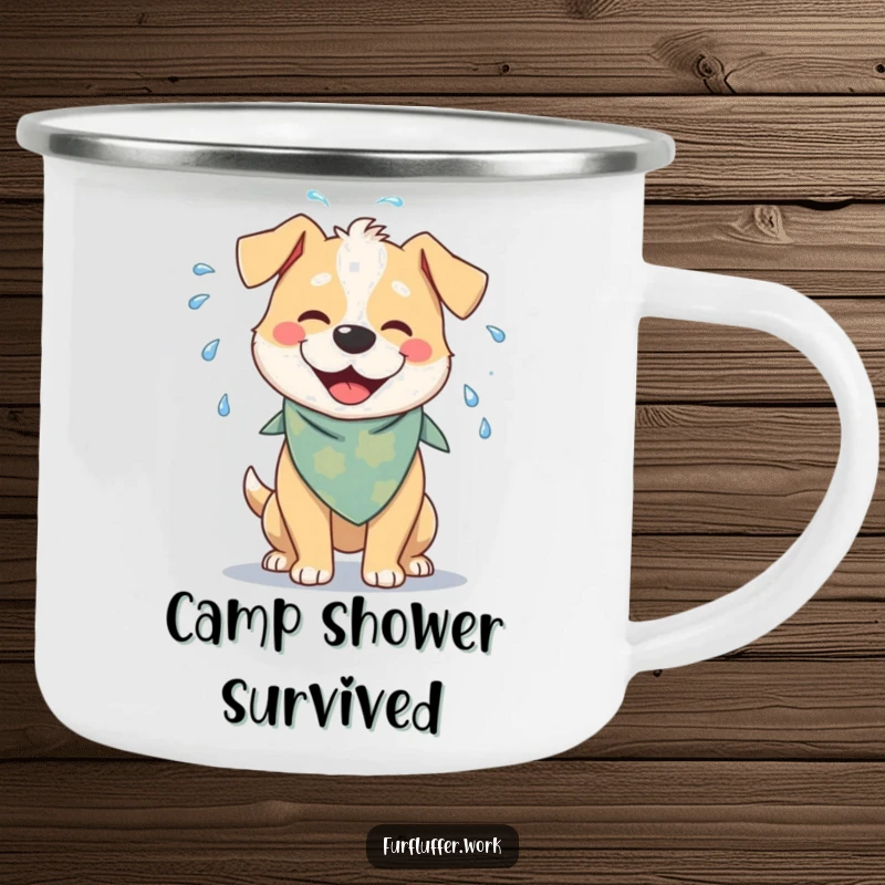 Funny camping mug with a cheerful dog in a bandana, playfully shaking water off its fur, designed for outdoor fun and warm drinks.