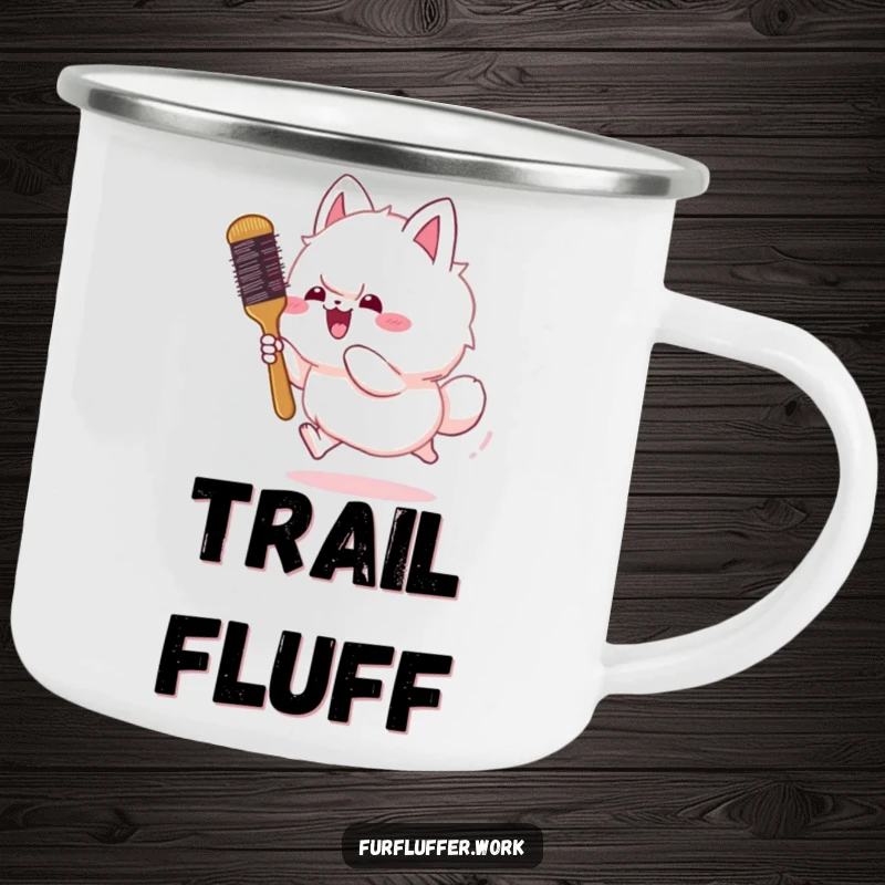 Funny camping mug showcasing a fluffy animal gleefully chasing a bouncing grooming brush, ideal for outdoor fun and pet lovers.