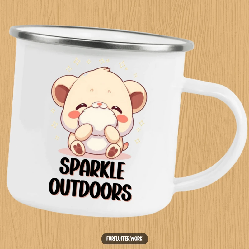 Funny camping mug showing an animal receiving a gentle fluffing, with sparkles radiating, perfect for outdoor pampering and humor.