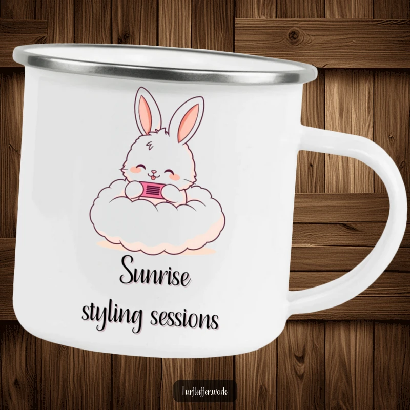 Funny camping mug with a fluffy bunny happily combing a cloud, designed for whimsical outdoor enjoyment and warm drinks.