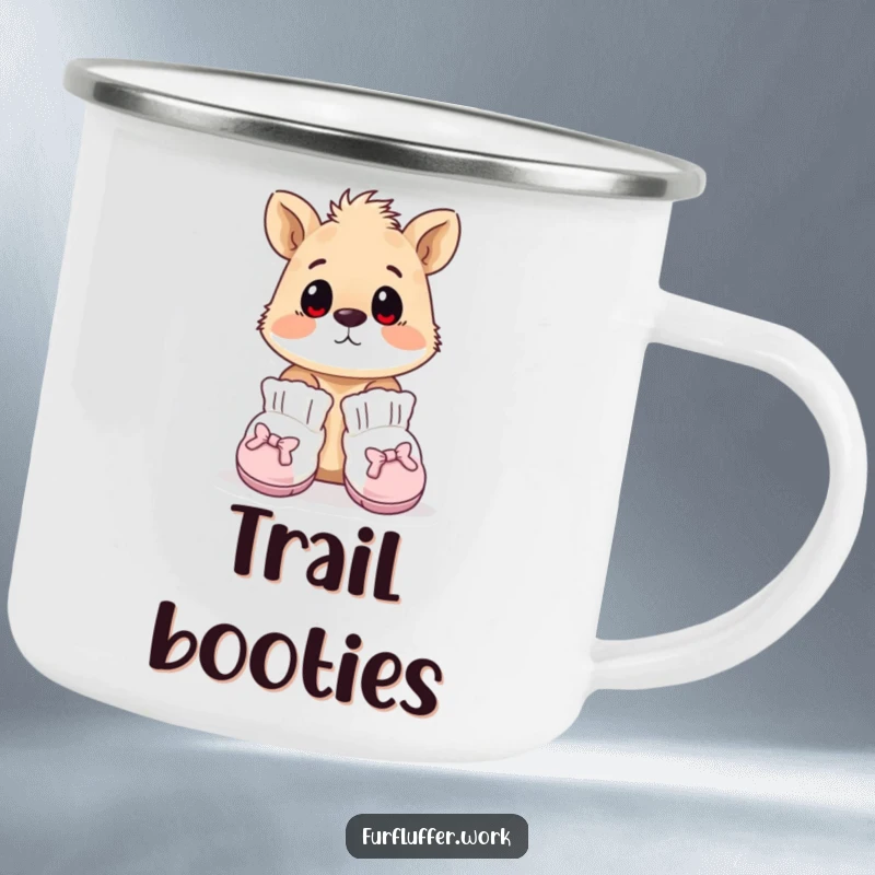 Funny camping mug showing an animal wearing tiny, oversized grooming booties, looking surprised, perfect for outdoor humor.