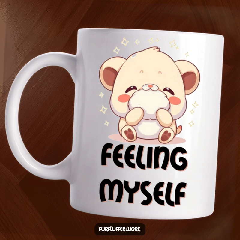 Funny mug showing an animal receiving a gentle fluffing, with sparkles radiating, capturing a moment of pure, pampered happiness.