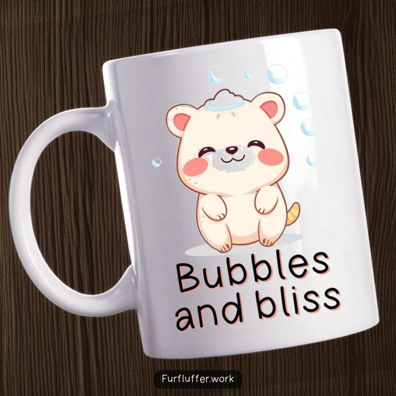 Funny mug showing a contented animal character sparkling with soap bubbles, radiating pure joy and peaceful amusement.