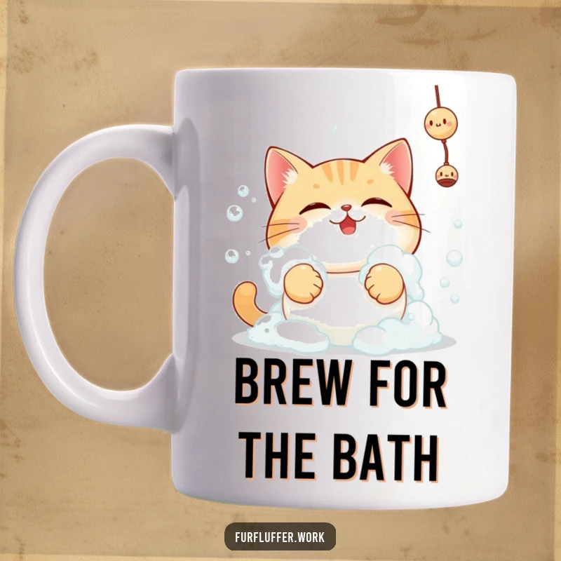 Funny round cat determinedly reaches for a toy, covered in bath foam on a humorous mug.