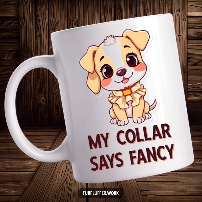 Funny mug featuring a playful puppy character tilting its head curiously while trying on a small, ruffled collar.