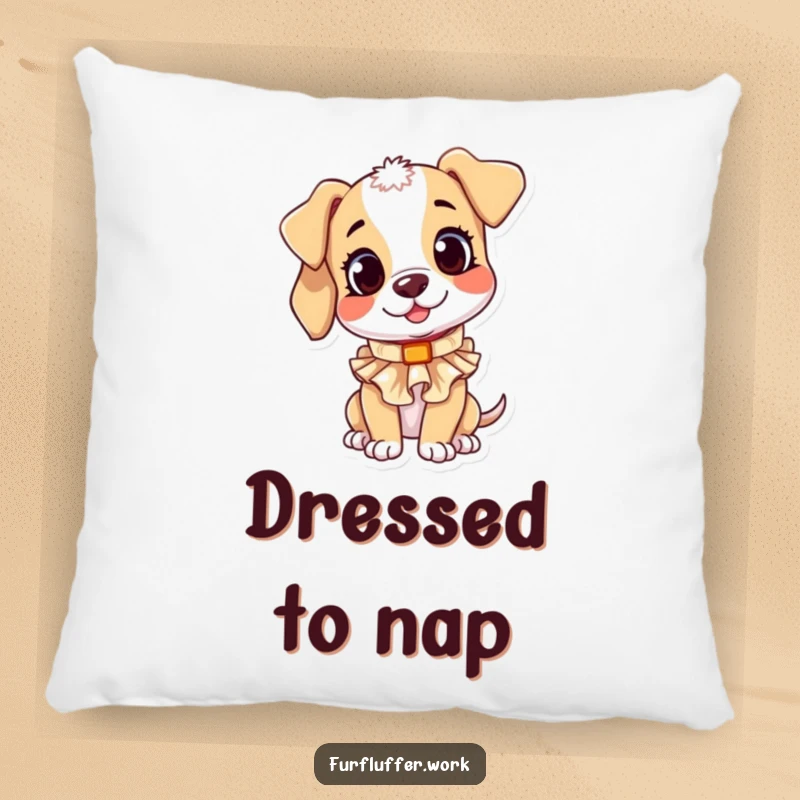 Funny pillow depicting a playful puppy character curiously tilting its head while trying on a small, ruffled dog collar.