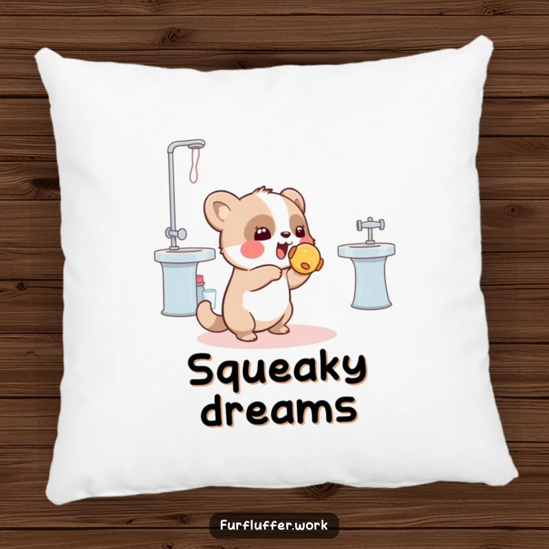Funny pillow showing a playful animal tossing a squeaky toy towards a grooming station, perfect for cozying up with pet playtime humor.