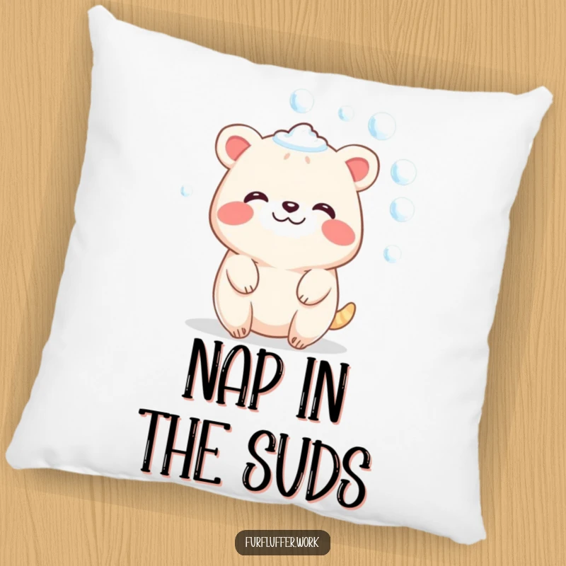 Funny pillow with a contented animal character sparkling with soap bubbles, perfect for cozying up with a humorous spa theme.