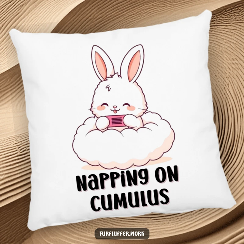 Funny pillow featuring a fluffy bunny happily combing a cloud, offering soft comfort and a touch of enchantment.