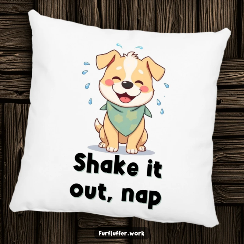 Funny pillow featuring a cheerful dog in a bandana, playfully shaking water off its fur, offering soft comfort and playful decor.