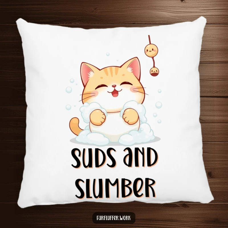 Funny determined cat reaching for a toy, covered in bubbles, featured on a plush and humorous pillow.