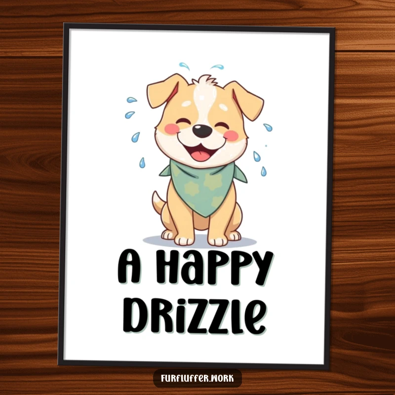 Funny digital art print of a cheerful dog with a bandana, joyfully shaking water off its fur, a downloadable piece of playful art.