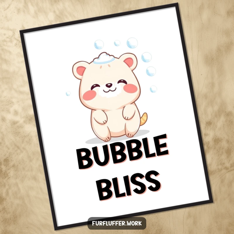 Funny digital art print of a contented animal character sparkling with soap bubbles, capturing serene spa moments with humor.