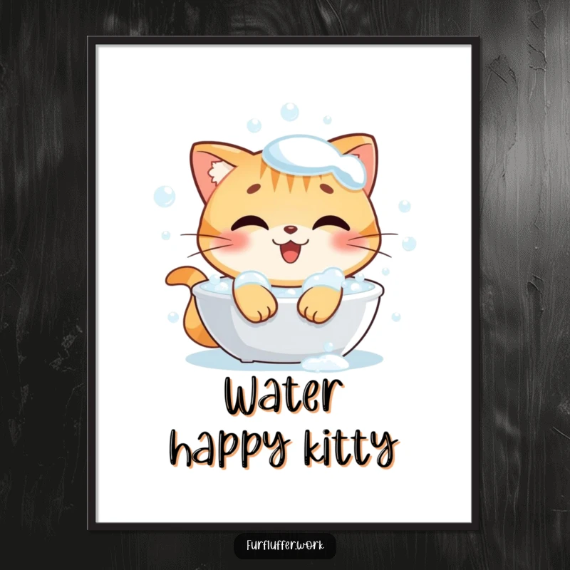 Funny digital art print of a happy cat character joyfully soaking in a bubbly bath, appearing extremely content and clean.
