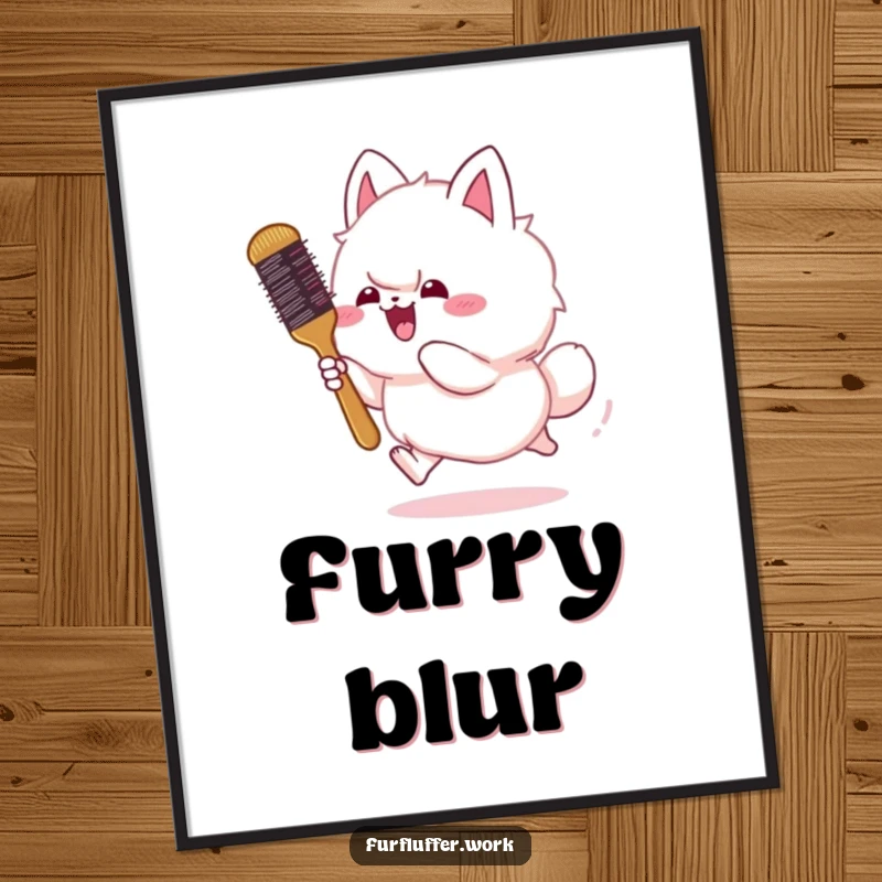 Funny digital art print of a fluffy animal gleefully chasing a bouncing grooming brush, capturing a moment of pure pet joy.