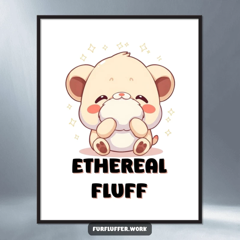 Funny digital art print of an animal receiving a gentle fluffing, with sparkles radiating, capturing luxurious pampering moments digitally.