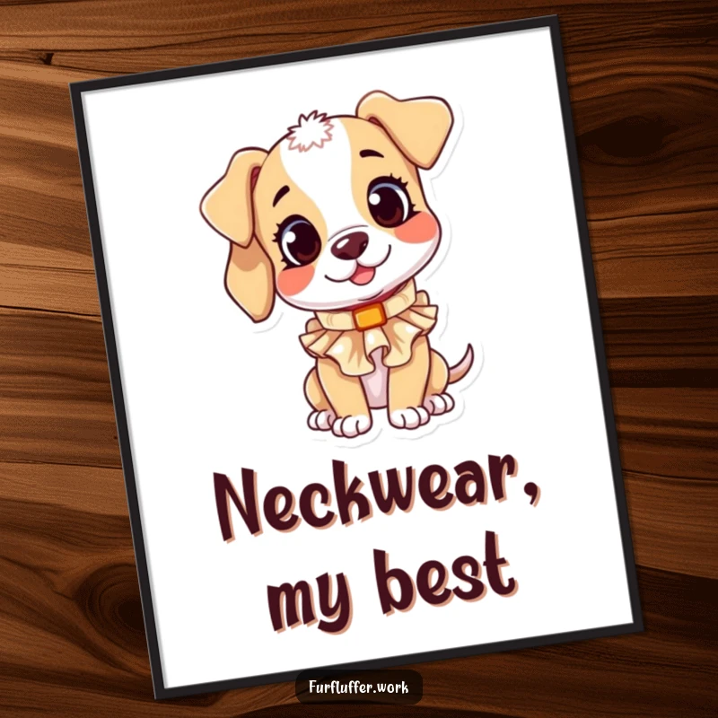 Funny digital art print of a playful puppy character with a curious head tilt, attempting to wear a small, ruffled dog collar.