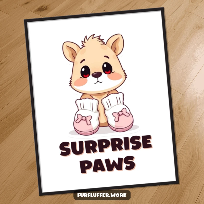 Funny digital art print of an animal wearing tiny, oversized grooming booties, looking surprised, capturing humorous fashion moments digitally.