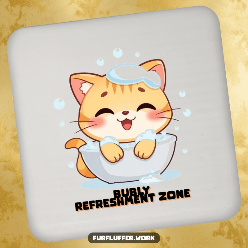 Funny drink coaster with a happy cat character relaxing in a bubbly bath, looking content and impeccably clean.