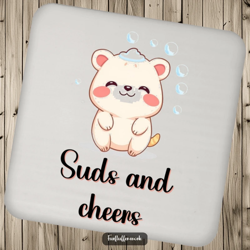 Funny drink coaster with a contented animal character sparkling with soap bubbles, offering humorous spa-themed protection for tabletops.