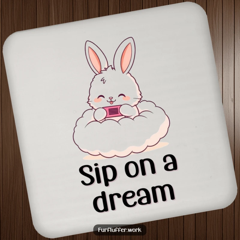 Funny drink coaster featuring a fluffy bunny happily combing a cloud, adding whimsical protection to any tabletop.