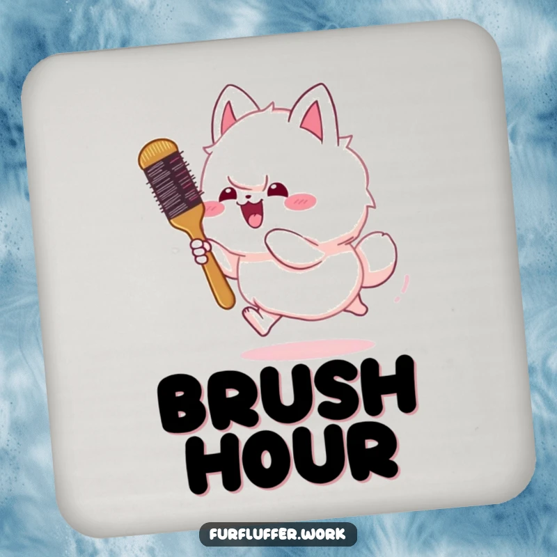 Funny drink coaster featuring a fluffy animal gleefully chasing a bouncing grooming brush, adding a humorous accent to tabletops.