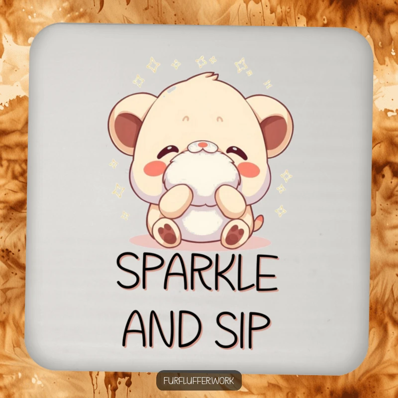 Funny drink coaster with an animal receiving a gentle fluffing, sparkles radiating, offering glamorous and humorous surface protection.