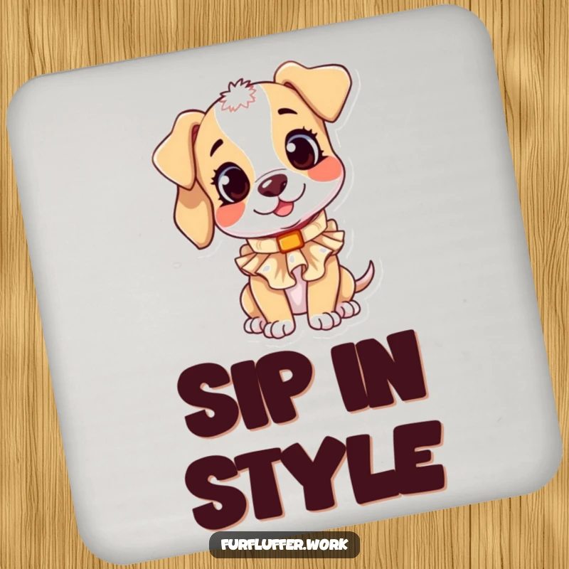 Funny drink coaster with a playful puppy character tilting its head curiously while trying on a small, ruffled dog collar.