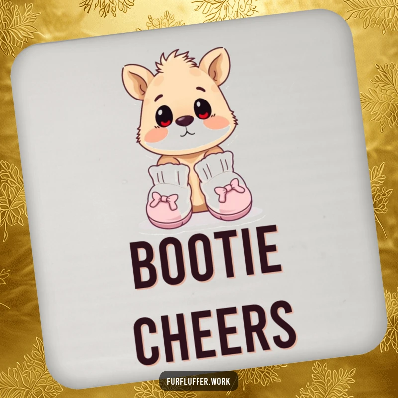 Funny drink coaster with an animal wearing tiny, oversized grooming booties, looking surprised, offering humorous fashion protection.