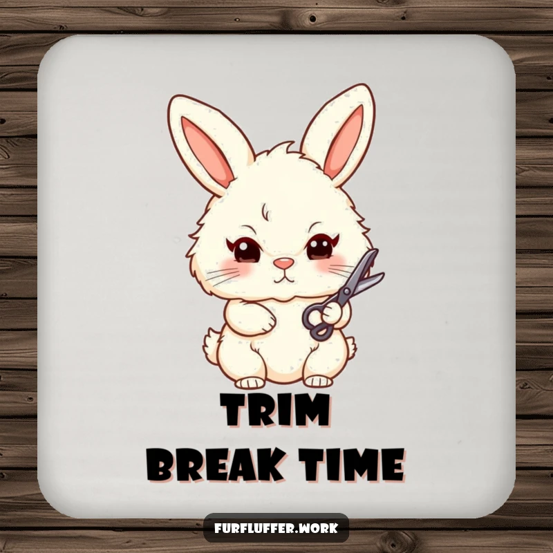 Funny drink coaster featuring a stylized, fluffy bunny with a determined look, holding small grooming scissors, adding a touch of chic humor.