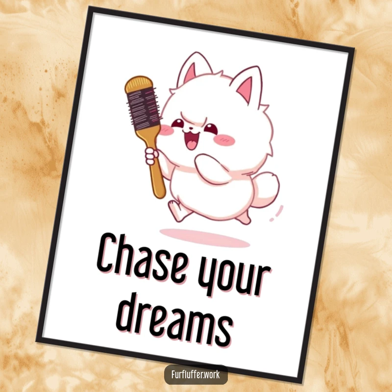 Funny poster illustrating a fluffy animal gleefully chasing a bouncing grooming brush, celebrating the joy and humor of pet antics.