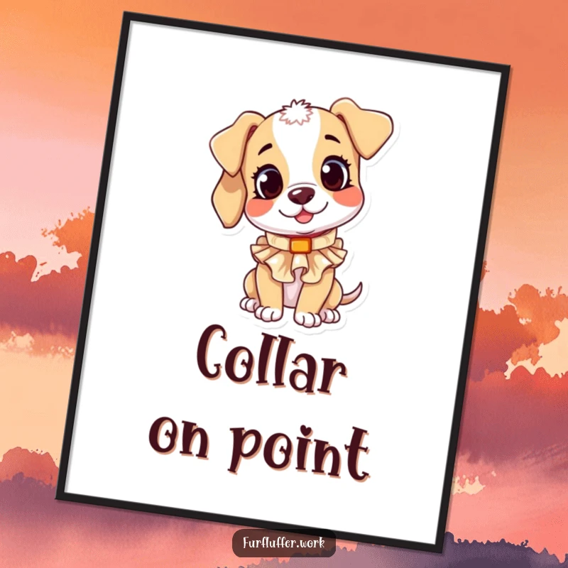 Funny poster illustrating a playful puppy character with a curious head tilt, attempting to put on a small, ruffled collar.