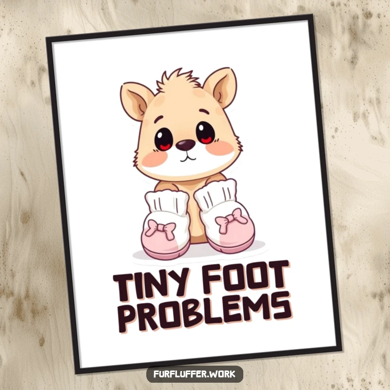 Funny poster of an animal wearing tiny, oversized grooming booties, looking surprised, capturing a moment of comical grooming fashion.