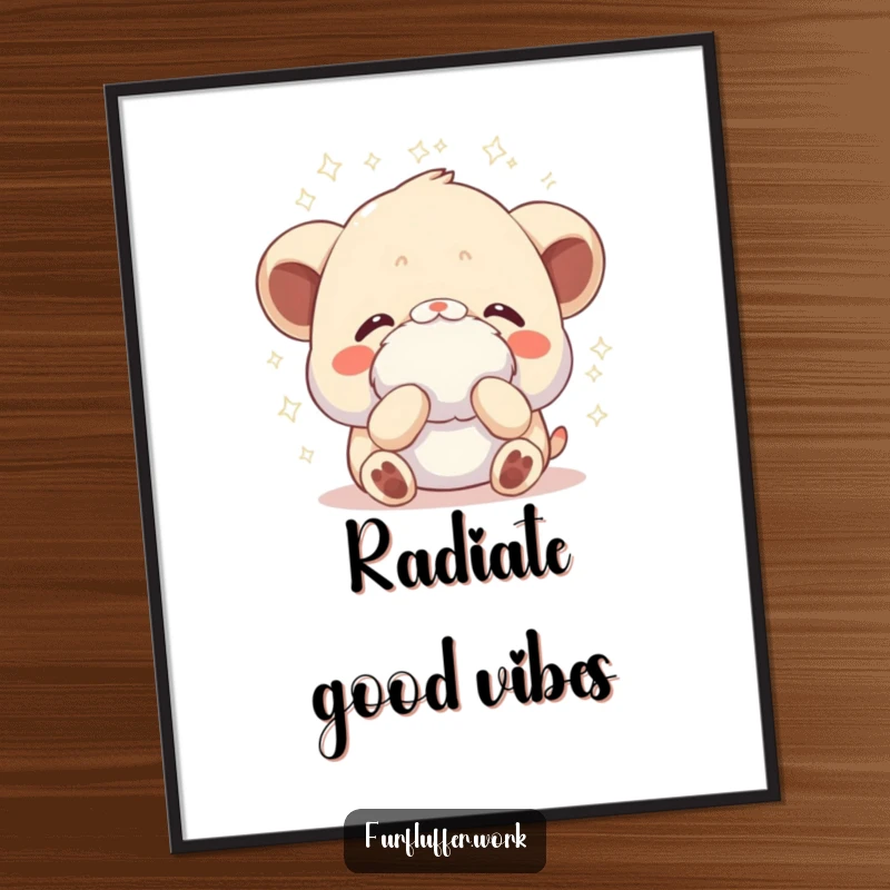 Funny poster of an animal receiving a gentle fluffing, with sparkles radiating, capturing a moment of luxurious pampering and light.