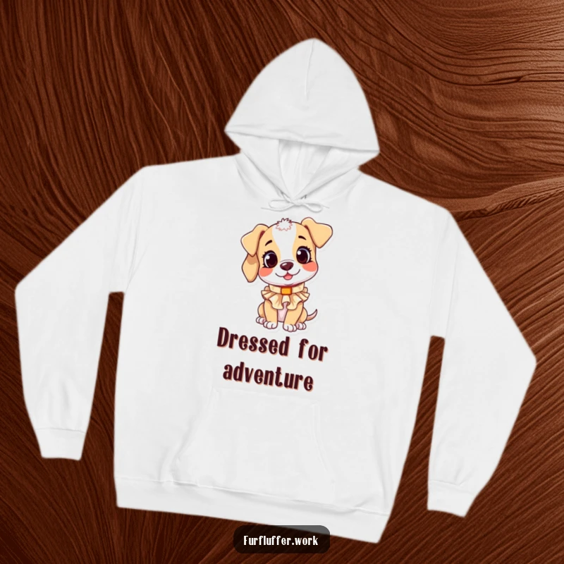 Funny hoodie showing a playful puppy character curiously trying on a small, ruffled collar, looking endearingly stylish.