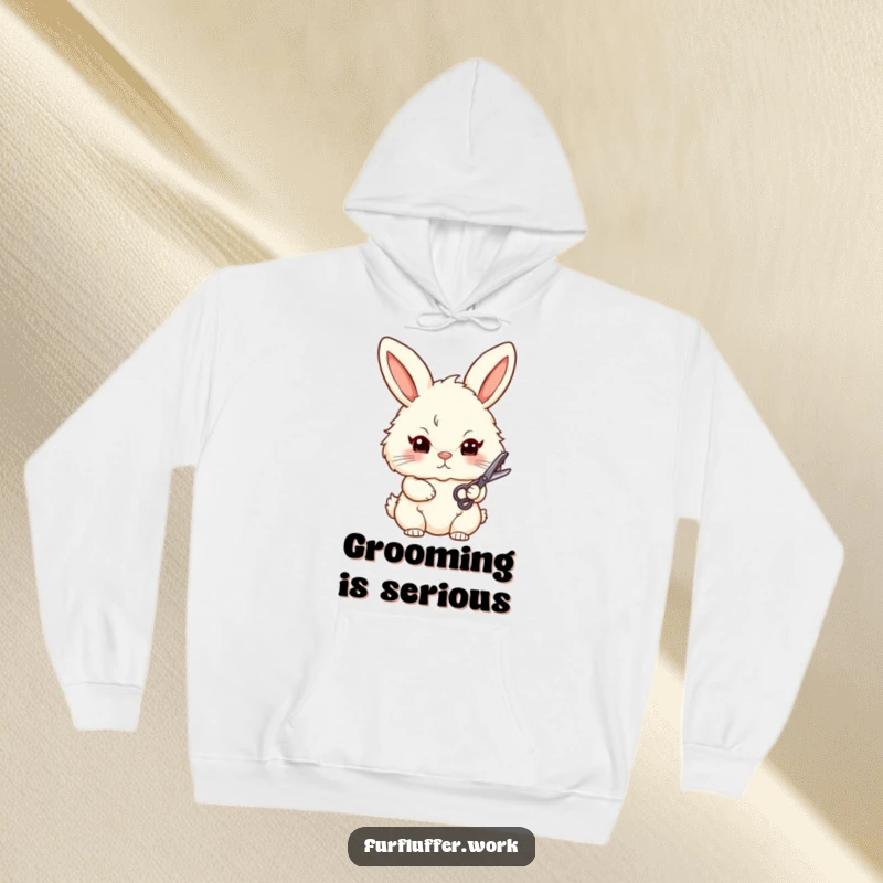 Funny hoodie displaying a determined, fluffy bunny character holding small grooming scissors, ready to tackle any styling task with focus and flair.