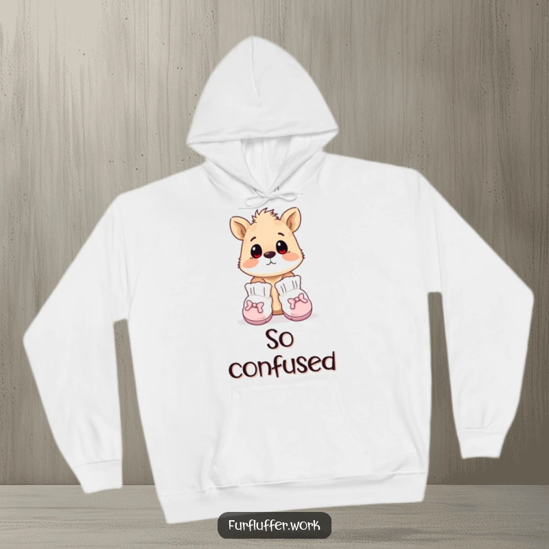 Funny hoodie showing an animal wearing tiny, oversized grooming booties, looking surprised, embodying cozy humor and fashion mishaps.