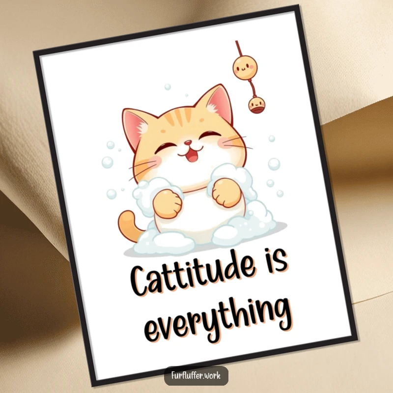 Funny Free Printable Wall Art: Playful round cat covered in bubbly foam, determined to reach toy, humorous decor.