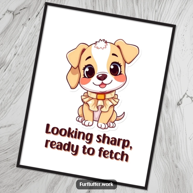 Funny Free Printable Wall Art: A curious puppy examines a small, ruffled collar with an endearing head tilt, full of playful mischief.