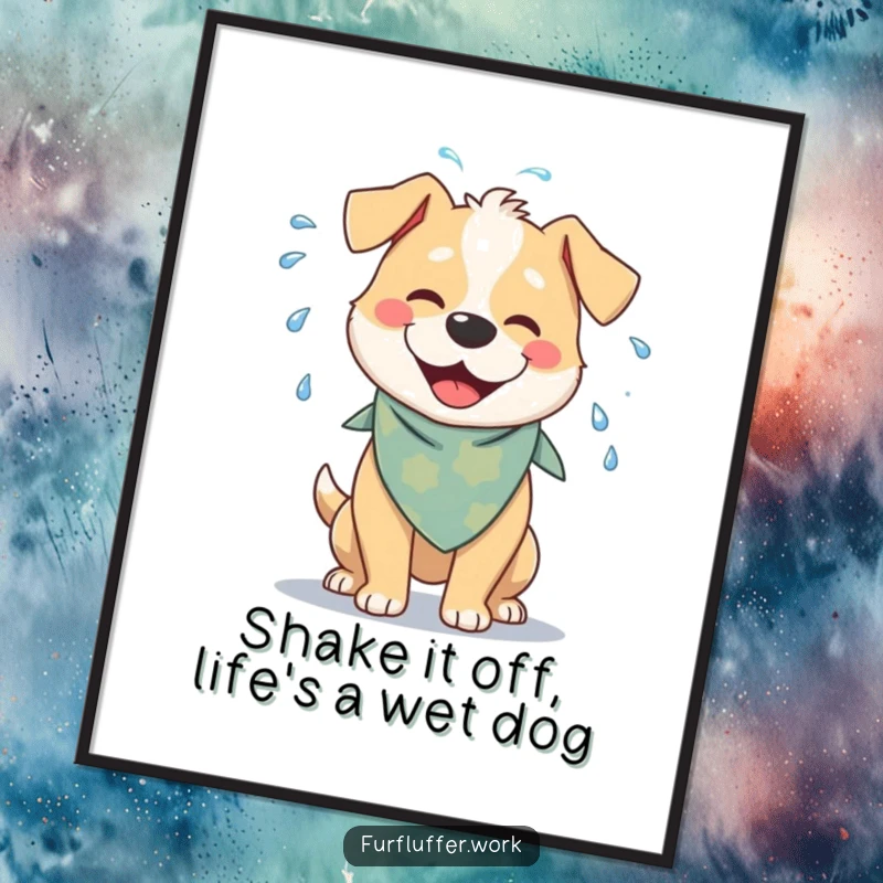 Funny Free Printable Wall Art: A cheerful dog with a bandana playfully shakes water off its fur, creating a dynamic and humorous piece. Downloadable art.