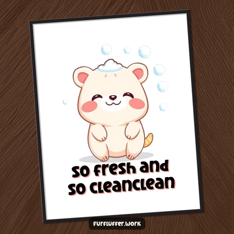 Funny Free Printable Wall Art: A contented animal character sparkling with soap bubbles, looking incredibly pleased.