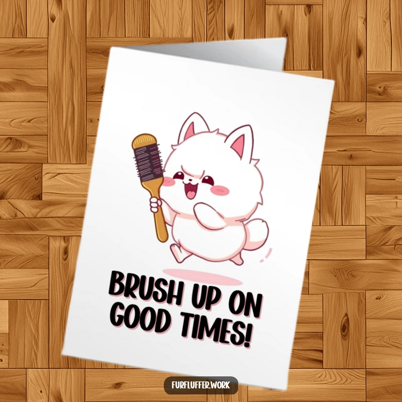 Funny Free Printable Birthday Card featuring a fluffy animal joyfully pursuing a bouncing grooming brush, designed for laughs.