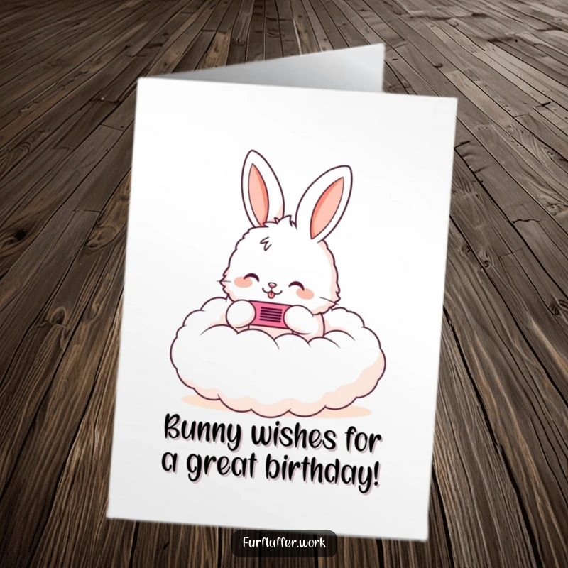 Funny Free Printable Birthday Card: A fluffy bunny happily combs a super fluffy white cloud, creating a surreal and delightful scene. Downloadable gift.