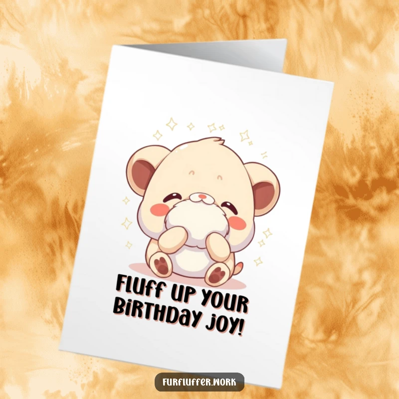 Funny Free Printable Birthday Card: An animal receiving a gentle fluffing, with magical sparkles radiating around it.